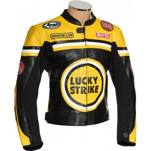 LUCKY Strike Yellow & Black Leather Motorcycle Jacket